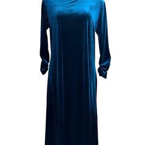 Susan Graver Blue Velour Velvet Long Dress Shirred Sleeve Size Small
